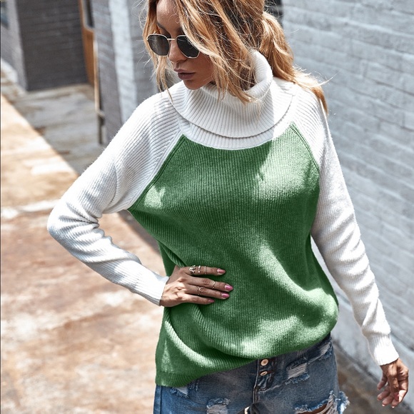 🍁🆕Olive Green & White Turtle Neck Sweater - Picture 3 of 7